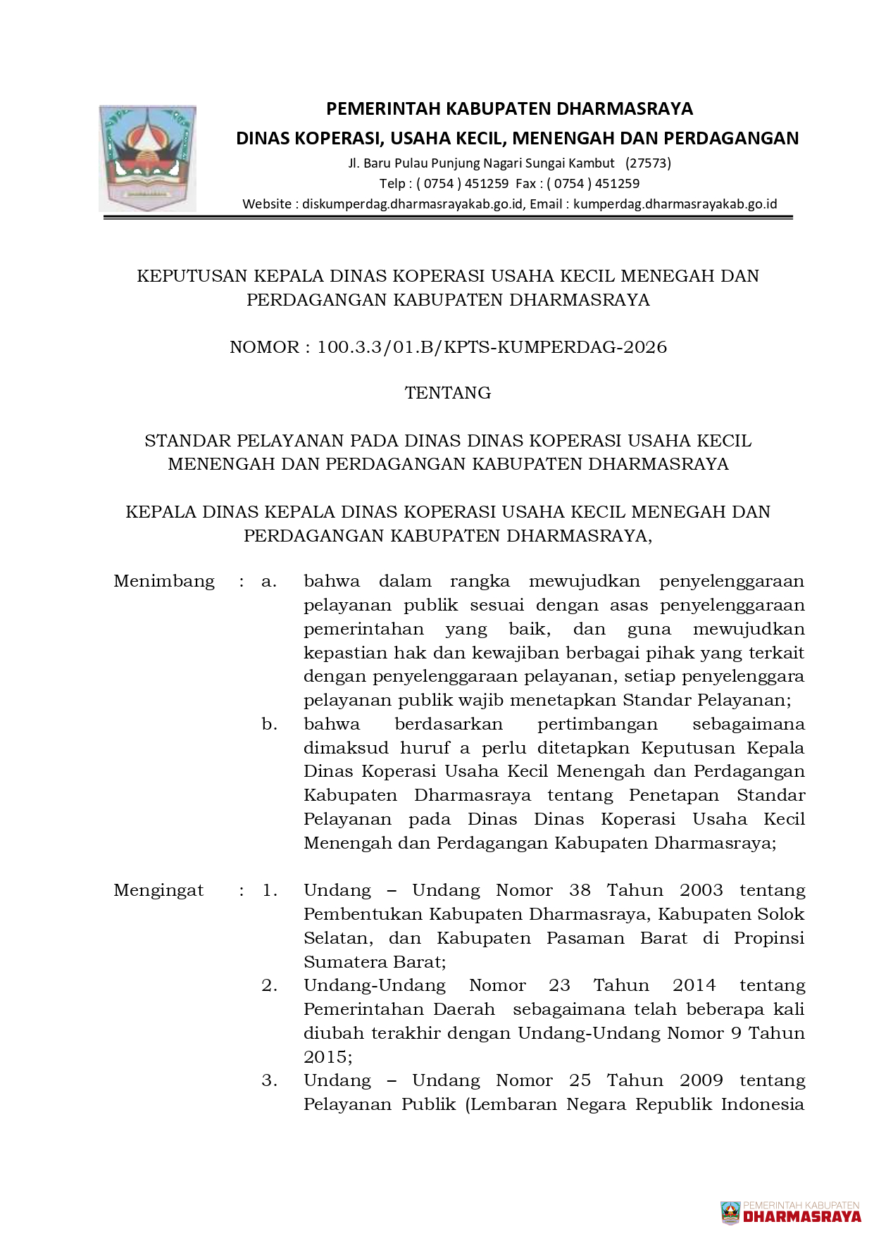 STANDAR PELAYANAN DINAS KUMPERDAG